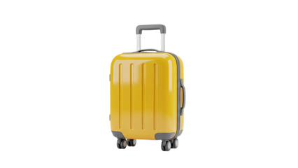 Yellow rolling suitcase with telescopic handle on transparent background