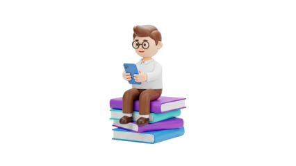 3D Cartoon Boy Sitting on Stack of Books Holding Phone on transparent background