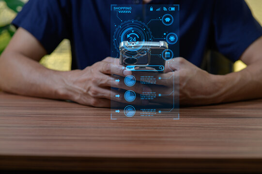 Modern Shopping Interface on Smartphone with Hands Displaying HUD - Powered by Adobe