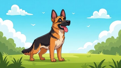 Cartoon german shepherd dog on green field under blue sky whimsical animal illustration