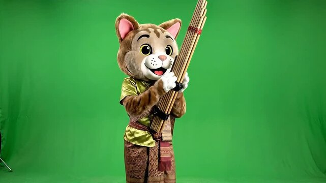 Full Shot of Person in Cat Costume Holding Instrument on Green Screen Background Ready for Compositing Video