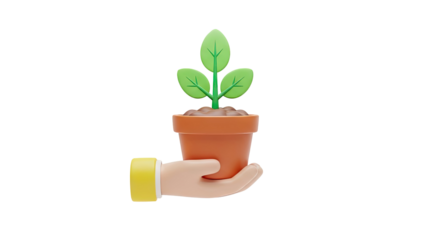 Hand holding a potted plant with a seedling on transparent background