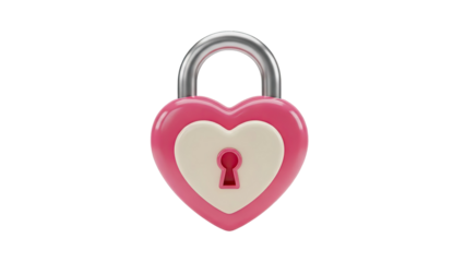 Heart shaped pink padlock with silver shackle on transparent background