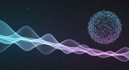 Ethereal network sphere and flowing lines in abstract digital space render