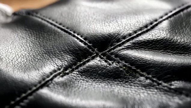 Close-up of black quilted leather texture with stitching.