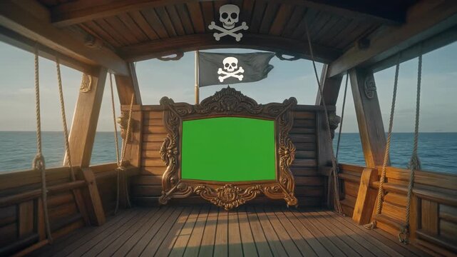 Pirate ship interior with green screen display on wooden chest.
