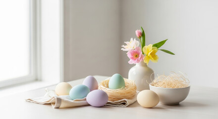 Pastel Easter eggs and spring flowers on a table