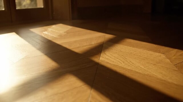 Morning sunlight gently illuminates a polished wooden floor, casting intriguing geometric shadows through a doorway