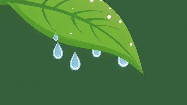 Green leaf with water droplets on dark green background.