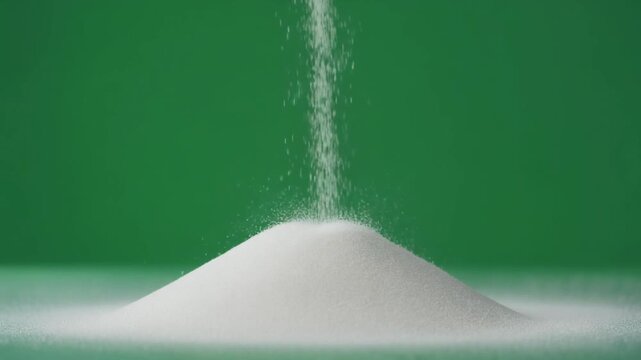 White powder being poured onto a small pile against a green background.