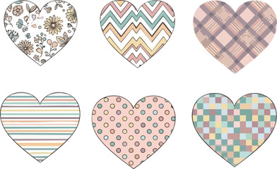 SEO Title: Decorative Patterned Hearts Vector Set with Floral Chevron and Plaid Designs