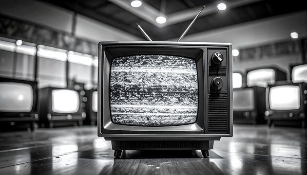 A vintage television displays static in a room full of retro TVs in grayscale