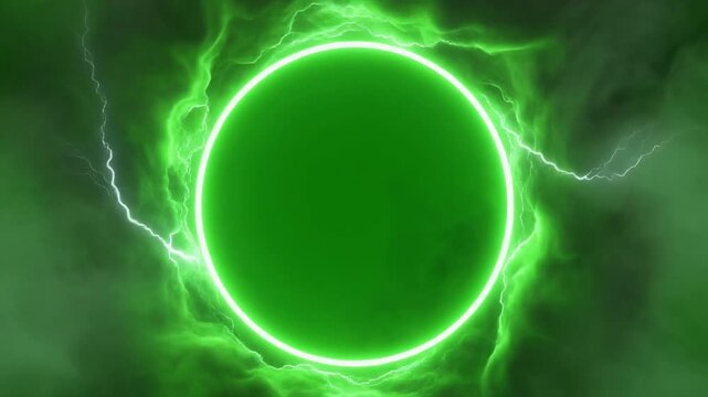 Glowing green circle surrounded by lightning and smoke.