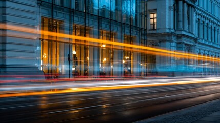 Urban night commute with light trails streak past historic building facade.