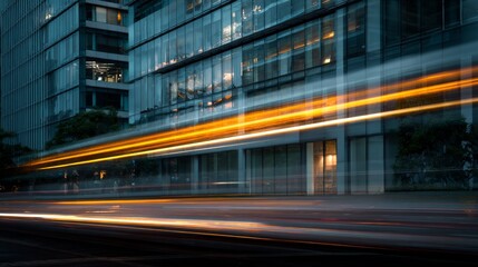 City lights blur into motion streaks beside modern skyscraper.