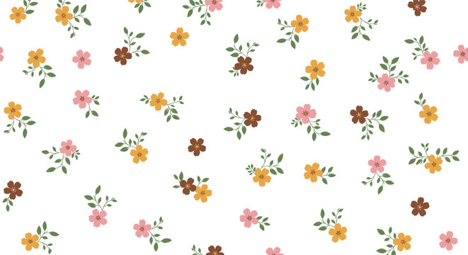 Seamless ditsy floral pattern featuring small yellow pink and brown flowers with green leaves for vintage textile stationary and feminine wallpaper design.