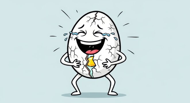 Humorous cracked egg cartoon character laughing hysterically with tears of joy spilling out,
