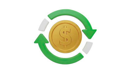 Dollar coin with circular arrows symbolizing currency exchange on transparent background