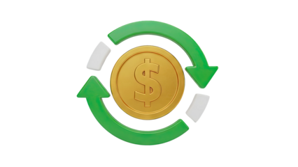Dollar coin with circular arrows symbolizing currency exchange on transparent background