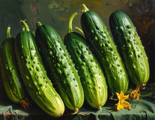 Freshly harvested cucumbers still life on a rustic surface showcasing natural texture