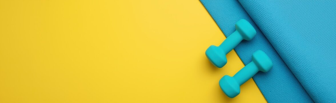 Two blue dumbbells on a blue yoga mat against a yellow background, overhead flat lay with copy space for text or branding