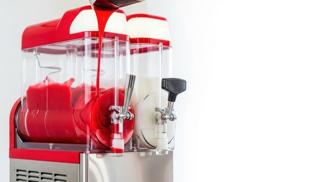 Slush machine with red liquid being poured, showcasing freshness and refreshment for summer days