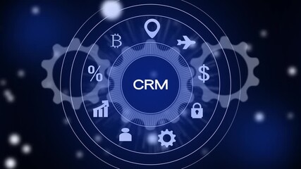 Blue CRM Concept with Icons and Gears on Blurred Background image photo - Powered by Adobe