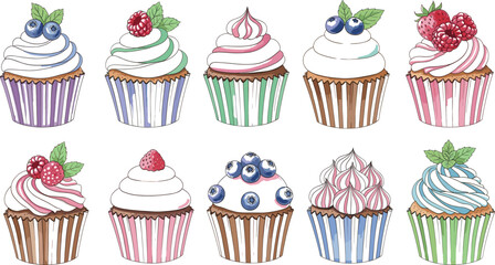 Large collection of gourmet cupcake vectors with whipped cream frosting fresh blueberries raspberries and mint leaves for bakery cafe dessert menu branding. © MstKhyrun
