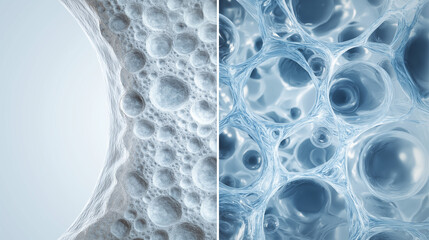 cell structure hydration concept, clean foam and molecule texture, skincare science abstract background
