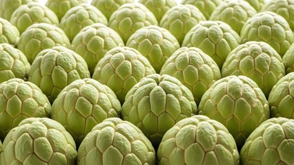 Fototapeta premium A high-angle, close-up shot of numerous fresh green sugar apples (Annona squamosa) arranged neatly, showcasing their unique bumpy skin and scale-like texture in bright lighting