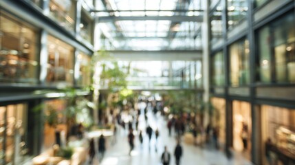 Blurred modern atrium mall with people browsing shops.