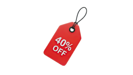 40% Off Red Price Tag with String on transparent background