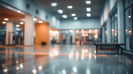 Empty Gym Interior with Soft Focus, Bright Lights, and Modern Workout Space.