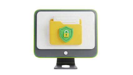 Computer monitor with secure folder and lock icon on transparent background