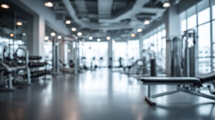 Empty modern gym with equipment with blurred focus, natural light, and fitness.