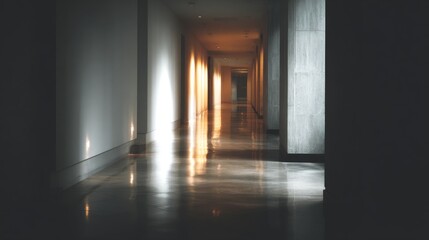 Sunlit hallway with warm golden light with modern architecture, and and reflections.