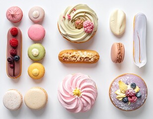 Assorted colorful French pastries beautifully arranged on a white background