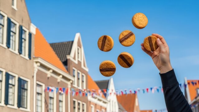 Elevated treats: Dutch stroopwafels against a backdrop of traditional architecture and vibrant