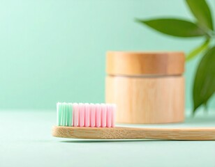 A bamboo toothbrush and jar, with leaves, on a light green background