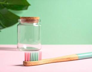 Dental hygiene setup on pastel colors with glass jar and leaf