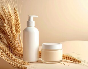 Skincare product bottles with wheat sprigs on a warm, neutral background