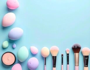 Pastel-toned makeup tools and eggs arranged on a soft blue surface