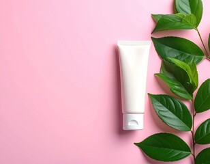Skincare product tube surrounded by leaves on a pink backdrop