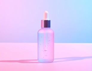 Frosted glass bottle with a dropper against a vibrant pink/blue backdrop