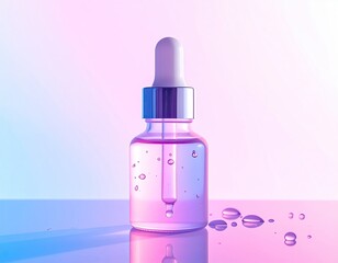 A serum bottle with dropper, pink liquid and droplets on reflective surface
