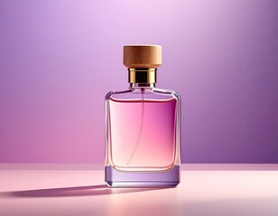Elegant perfume bottle with pink liquid, wood cap, on soft purple gradient