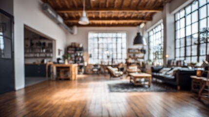 Cozy loft living rustic wood beams with large windows, and inviting modern interior.