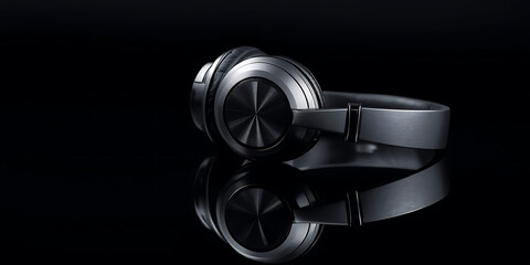 Black Headphones with Cushioned Ear Pads on Reflective Surface