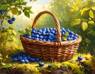 Freshly picked blueberries in a woven basket, nestled in a vibrant forest scene