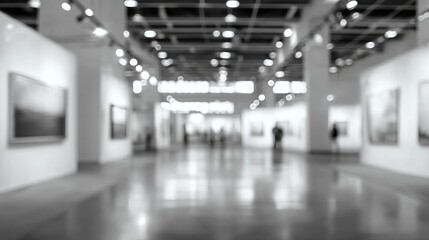 Blurred art gallery with people with showcasing paintings and modern lighting.